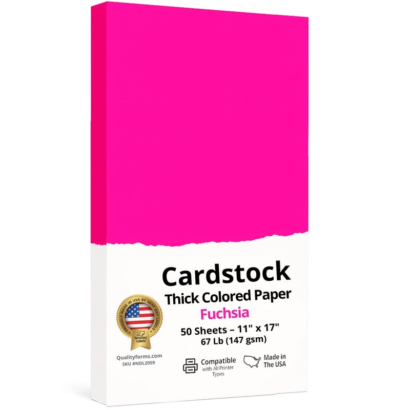 NextDayLabels Color Cardstock Paper - 50 Sheets -11" x 17" - Fuchsia 67 lb (147 gsm) - Thick Colored Paper for Crafting, Invitations, Posters, Flyers, and DIY Projects - Made in USA - Image 1